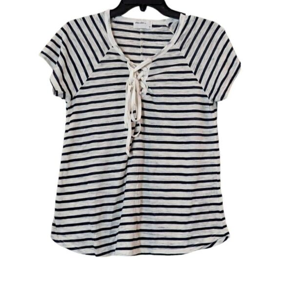 Allen Allen Womens Size XS White Black Striped Short Sleeve Tie Neck T-Shirt - Picture 1 of 8